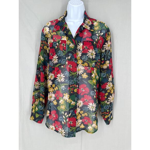 Vintage Tops - 90s Vintage Top Womens Medium Navy Blue Floral Button Sheer Daisy Chiffon Retro